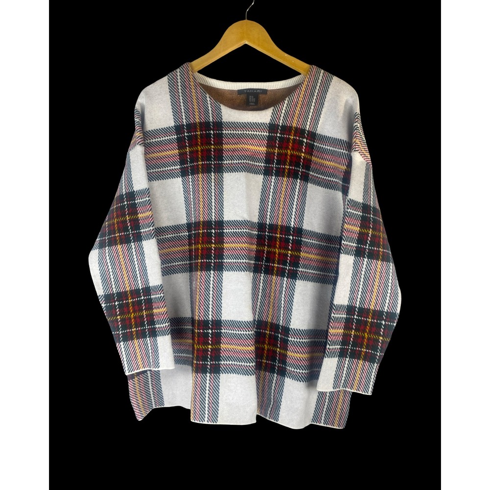Tahari Women 2X Plaid Crewneck Sweater Knit L/S Top Cabincore Fall Winter preppy